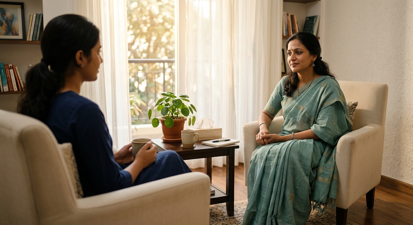 A calm counselling session — two women seated in a warm, softly-lit room, one listening attentively while the other reflects.