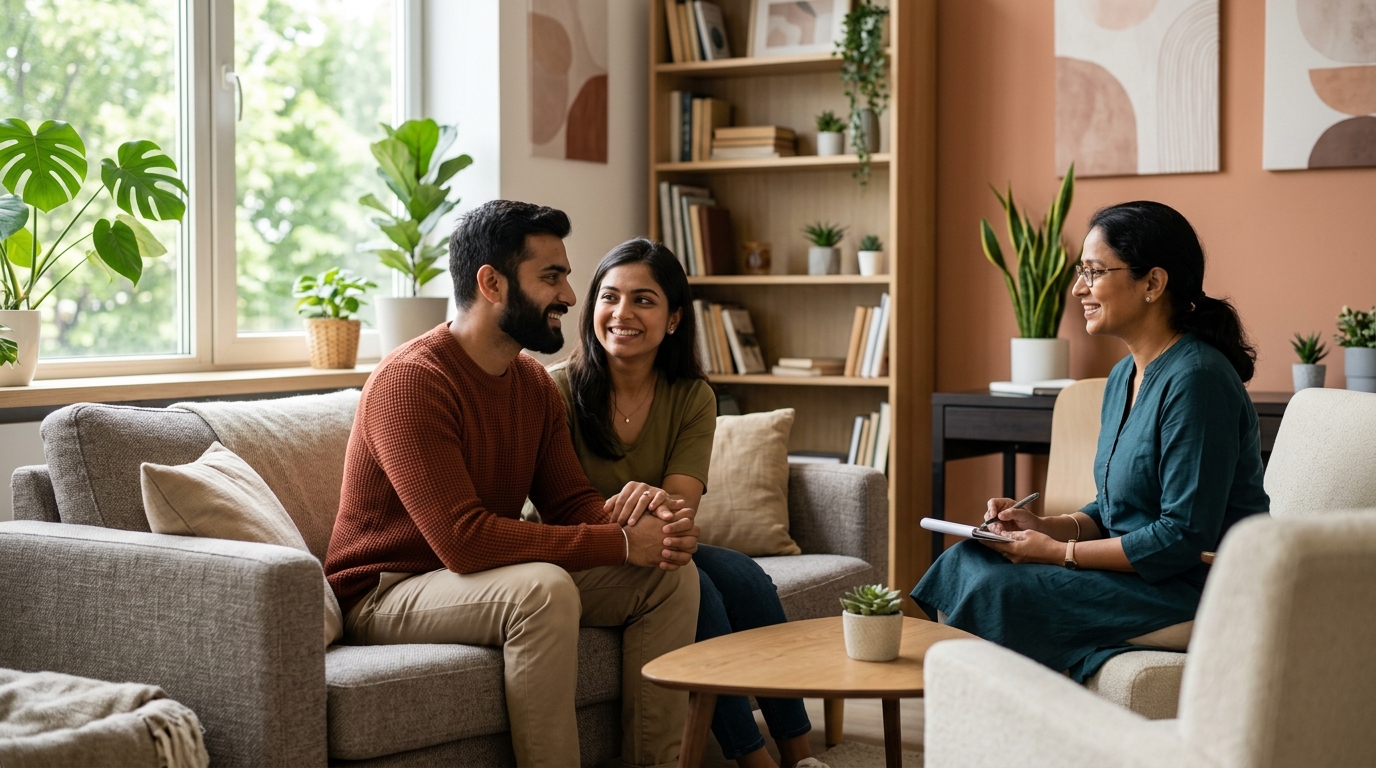 A young couple holding hands and smiling with their therapist in a warm, plant-filled office