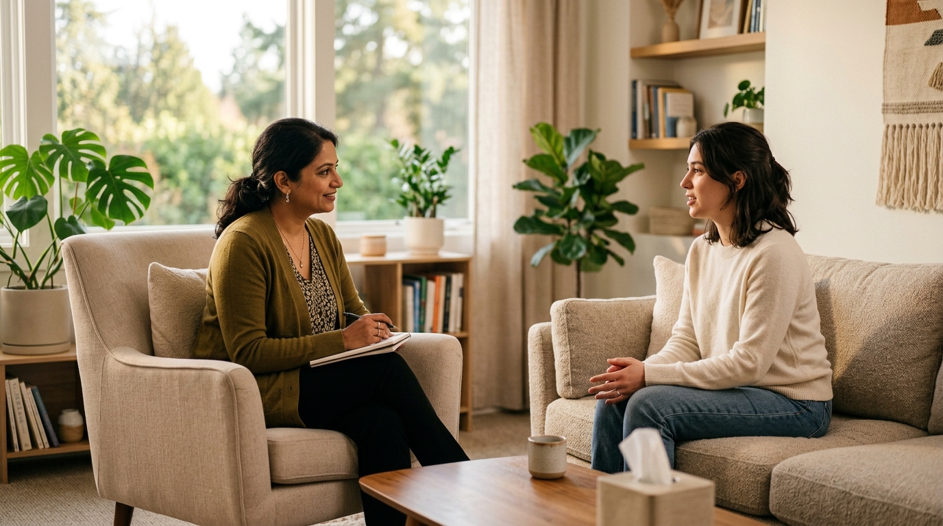 An empathetic therapist listening to a client in a warm, softly-lit counselling room
