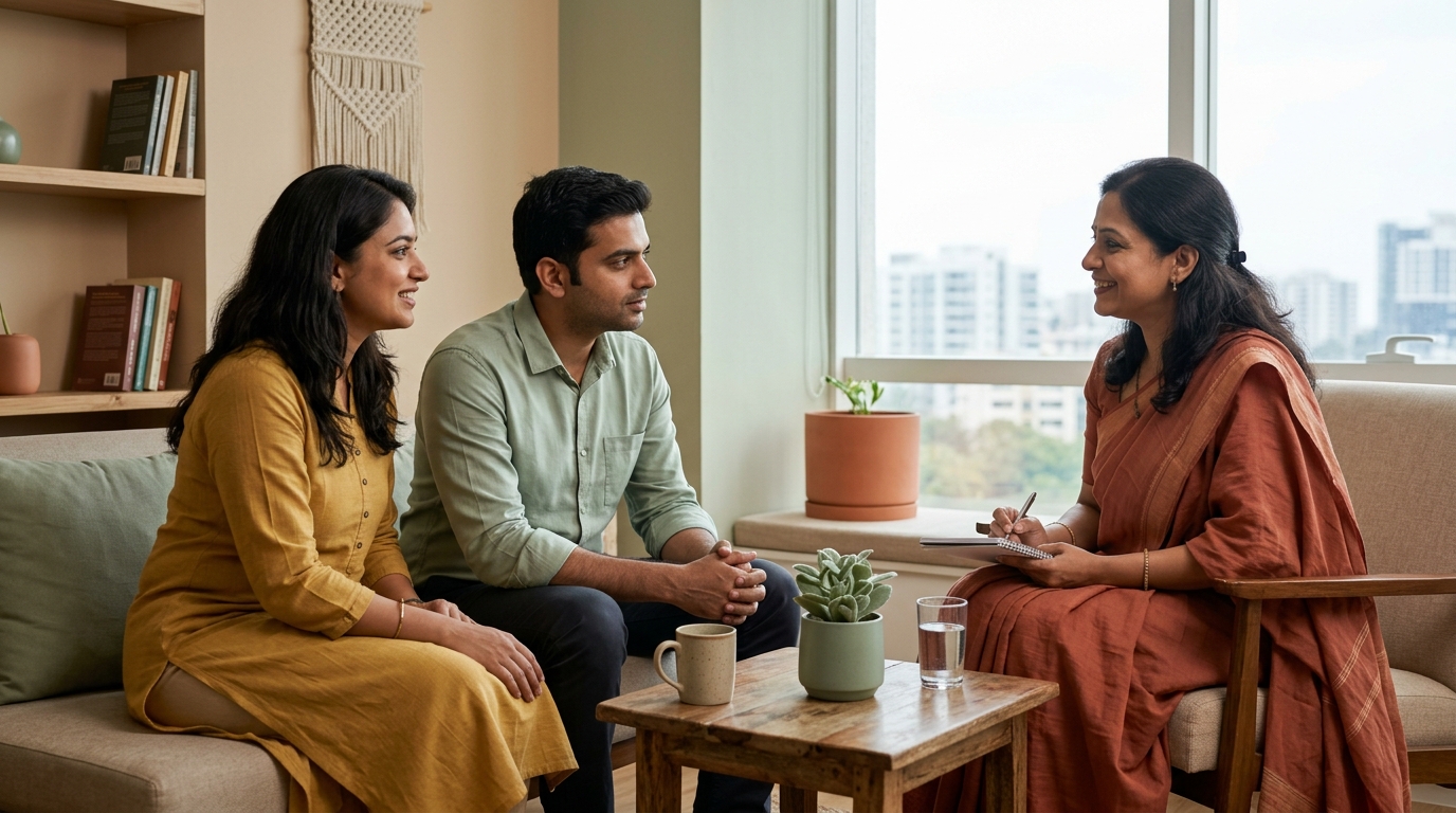 A couple sitting together in a warm, plant-lit office, engaging thoughtfully with their relationship coach