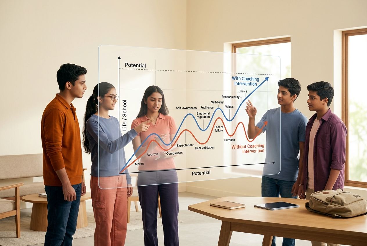 Indian teenagers discussing a graph comparing performance without coaching (fluctuating red line driven by external validation) and with coaching (blue line trending toward their potential)