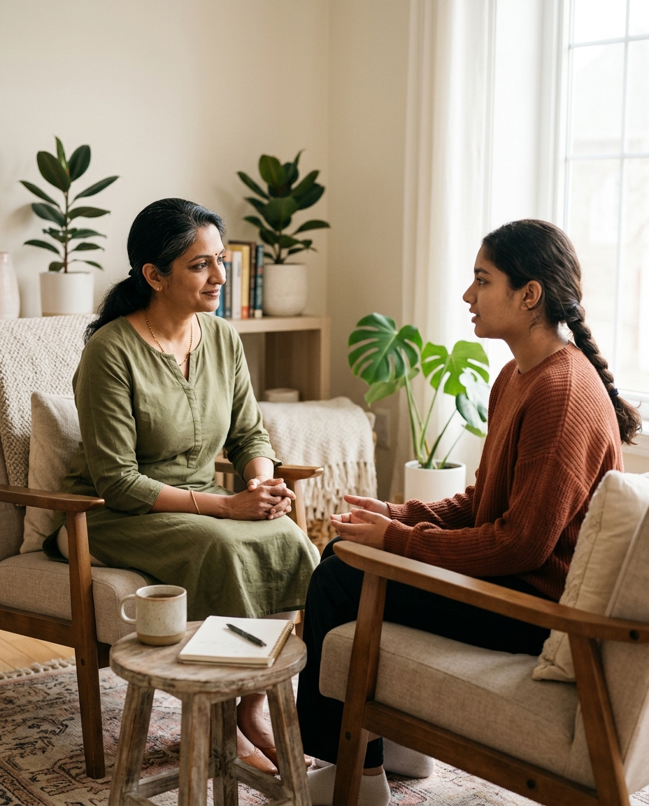 A South Indian coach in conversation with a teenage client